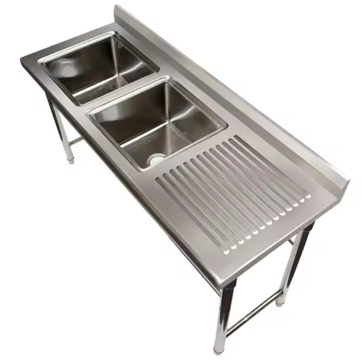 Premium Quality Commercial Kitchen Equipment Double Bowl Sink Work Table Restaurant Use